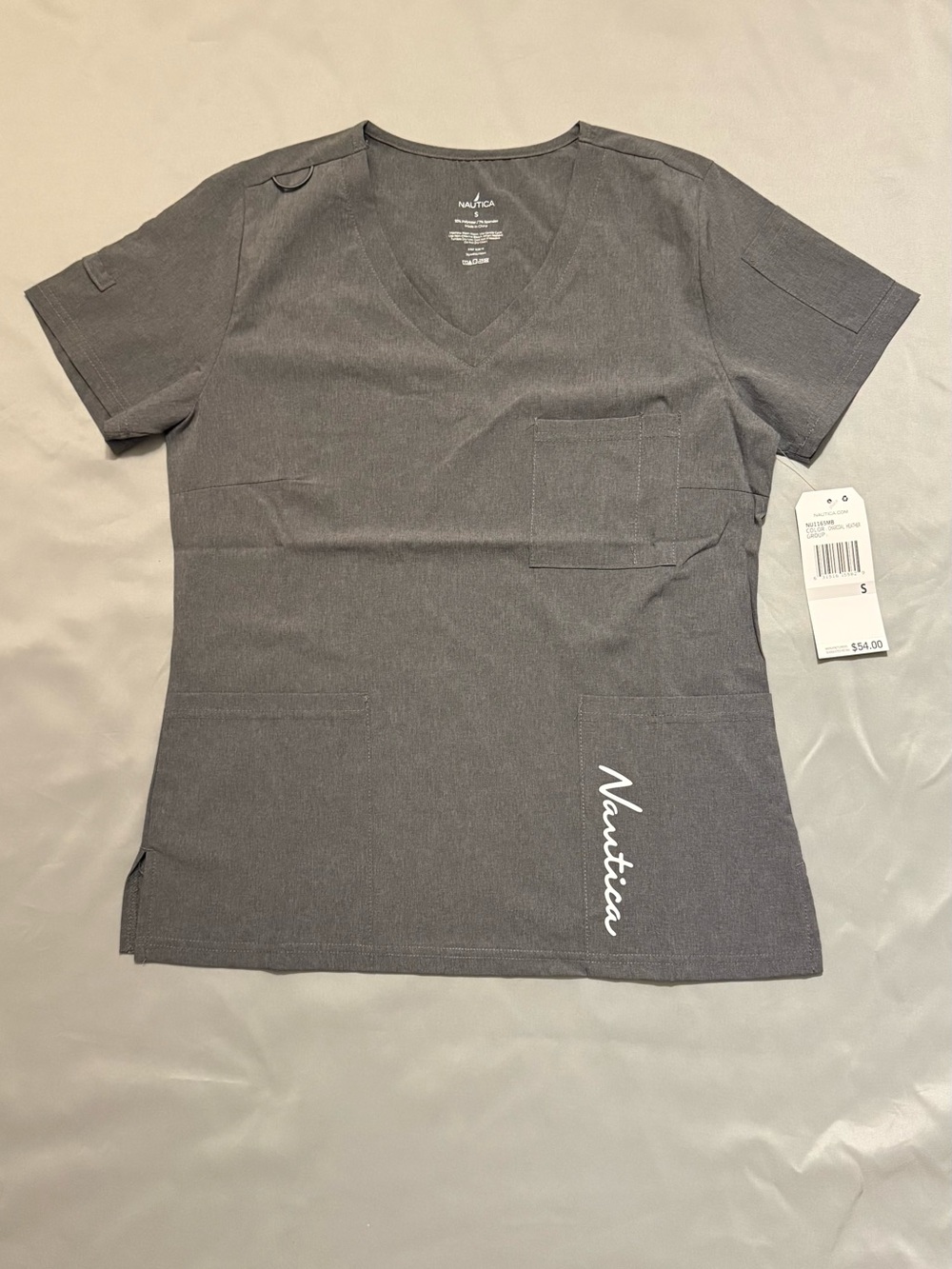 Nautica Gray V-Neck Scrub Top with Pocket
